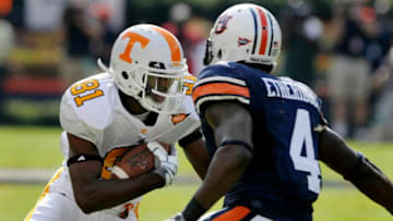 Auburn footballTennessee wide receiver Josh Briscoe (81) tries to get around Auburn defensive back Zac Etheridge (4) Saturday in Jordan-Hare Stadium in Alabama in 2008. Auburn won 14-12, dropping the Vols' season record to 1-3.Utauburn25 Mp10392