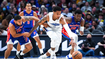Cory Joseph #18 of the Detroit Pistons, Chuma Okeke #3 of the Orlando Magic and Josh Jackson #20 of the Detroit Pistons (Photo by Nic Antaya/Getty Images)
