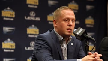 28 Sep. 2015; Denver, CO, USA; Denver Nuggets general manager Tim Connelly answers questions during a press conference during the media day at Pepsi Center. (Chris Humphreys-USA TODAY Sports)