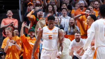 KNOXVILLE, TN - FEBRUARY 21: Admiral Schofield #5 of the Tennessee Volunteers reacts after scoring a basket and drawing a foul against the Florida Gators in the second half of a game at Thompson-Boling Arena on February 21, 2018 in Knoxville, Tennessee. Tennessee won 62-57. (Photo by Joe Robbins/Getty Images)
