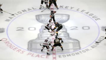 Chicago Blackhawks and Vegas Golden Knights face off in Game One of the Western Conference First Round during the 2020 NHL Stanley Cup Playoffs at Rogers Place. (Photo by Jeff Vinnick/Getty Images)