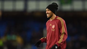 Pierre-Emerick Aubameyang smiles during warm up for the English Premier League match between Everton and Arsenal at Goodison Park in Liverpool, north west England on December 6, 2021. (Photo by PAUL ELLIS/AFP via Getty Images)