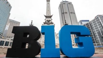 B1G letters sit on Monument Circle before the NCAA Big Ten tournament in Indianapolis, Tuesday, March 10, 2020.Finals 14