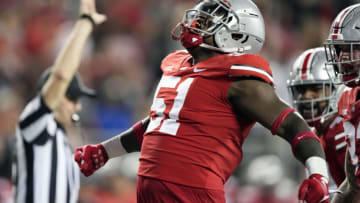 Sep 3, 2022; Columbus, Ohio, USA; Ohio State Buckeyes defensive tackle Michael Hall Jr. (51) celebrates after sacking Notre Dame Fighting Irish quarterback Tyler Buchner (not pictured) in the fourth quarter at Ohio Stadium. Mandatory Credit: Kyle Robertson-USA TODAY Sports