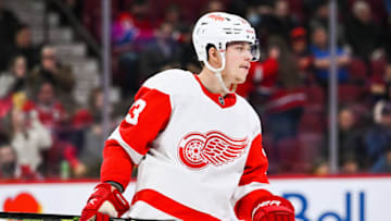 Jan 26, 2023; Montreal, Quebec, CAN; Detroit Red Wings left wing Lucas Raymond (23) against the Montreal Canadiens during the second period at Bell Centre. Mandatory Credit: David Kirouac-USA TODAY Sports