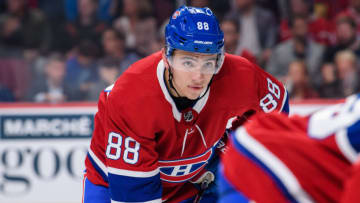 MONTREAL, QC - SEPTEMBER 19: Montreal Canadiens center Nick Suzuki (88) waits for play to begin during the second period of the NHL preseason game between the New Florida Panthers and the Montreal Canadiens on September 19, 2018, at the Bell Centre in Montreal, QC (Photo by Vincent Ethier/Icon Sportswire via Getty Images)