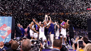 Head coach Bill Self of the Kansas Jayhawks celebrates with his team following their victory against the North Carolina Tar Heels during the 2022 NCAA Men's Basketball Tournament Final Four Championship at Caesars Superdome on April 4, 2022 in New Orleans, Louisiana. (Photo by Lance King/Getty Images)