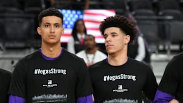LAS VEGAS, NV - OCTOBER 08: (L-R) Kyle Kuzma (L)