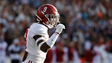 Nov 27, 2021; Auburn, Alabama, USA; Alabama Crimson Tide defensive back Jordan Battle (9) reacts after a defensive stop against the Auburn Tigers during the first quarter at Jordan-Hare Stadium. Mandatory Credit: John Reed-USA TODAY Sports