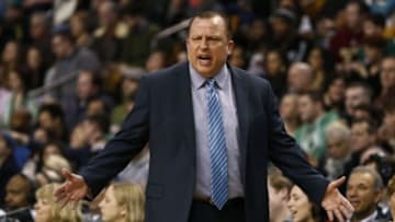 Jan 16, 2015; Boston, MA, USA; Chicago Bulls head coach Tom Thibodeau reacts after getting called for a technical foul against the Boston Celtics during the first half at TD Garden. Mandatory Credit: Mark L. Baer-USA TODAY Sports