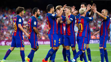 BARCELONA, SPAIN - AUGUST 10: (L-R) Sergi Roberto, Arda Turan, Luis Suarez, Ivan Rakitic, Lucas Digne, Lionel Messi, Sergio Busquets and Andres Iniesta of FC Barcelona celebrate after Luis Suarez scored the opening goal during the Joan Gamper trophy match between FC Barcelona and UC Sampdoria at Camp Nou on August 10, 2016 in Barcelona, Spain. (Photo by Alex Caparros/Getty Images)