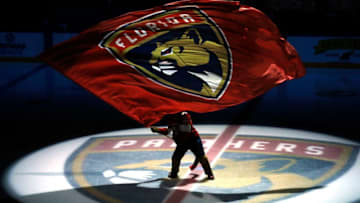 SUNRISE, FLORIDA - OCTOBER 08: Florida Panthers mascot Stanley C. Panther waves a flag prior to the game between the Florida Panthers and the Carolina Hurricanes at BB&T Center on October 08, 2019 in Sunrise, Florida. (Photo by Michael Reaves/Getty Images)