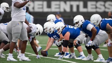 Kansas players line up fro a drill during Monday's outdoor practice.
