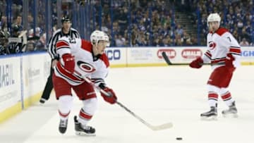 Mar 5, 2016; Tampa, FL, USA; Carolina Hurricanes left wing Jeff Skinner (53) skates with the puck against the Tampa Bay Lightning during the third period at Amalie Arena. Mandatory Credit: Kim Klement-USA TODAY Sports