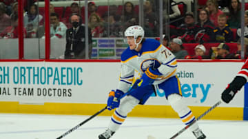 Apr 7, 2022; Raleigh, North Carolina, USA; Buffalo Sabres right wing Tage Thompson (72) skates with the puck against the Carolina Hurricanes during the second period at PNC Arena. Mandatory Credit: James Guillory-USA TODAY Sports