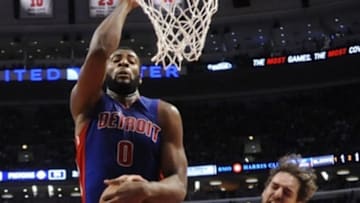 Apr 3, 2015; Chicago, IL, USA; Detroit Pistons center Andre Drummond (0) and Chicago Bulls forward Pau Gasol (16) go for the ball during the second half at the United Center. The Chicago Bulls defeated the Detroit Pistons 88-82. Mandatory Credit: David Banks-USA TODAY Sports