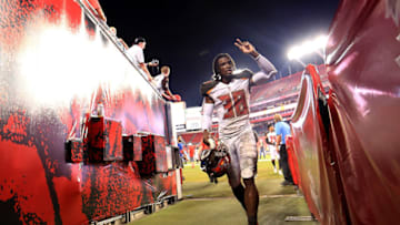 TAMPA, FL - AUGUST 30: Shaun Wilson #38 of the Tampa Bay Buccaneers walks off the field during a preseason game against the Jacksonville Jaguars at Raymond James Stadium on August 30, 2018 in Tampa, Florida. (Photo by Mike Ehrmann/Getty Images)