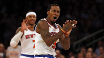 Nov 22, 2016; New York, NY, USA; New York Knicks guard Brandon Jennings (3) reacts during the first half against the Portland Trail Blazers at Madison Square Garden. Mandatory Credit: Adam Hunger-USA TODAY Sports