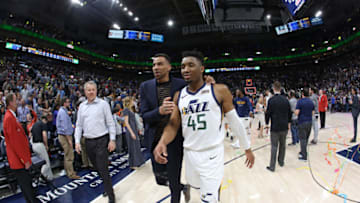 SALT LAKE CITY, UT - MARCH 30: Thabo Sefolosha #22 and Donovan Mitchell #45 of the Utah Jazz celebrate and walks off the court after the game against the Memphis Grizzlies on March 30, 2018 at vivint.SmartHome Arena in Salt Lake City, Utah. NOTE TO USER: User expressly acknowledges and agrees that, by downloading and or using this Photograph, User is consenting to the terms and conditions of the Getty Images License Agreement. Mandatory Copyright Notice: Copyright 2018 NBAE (Photo by Melissa Majchrzak/NBAE via Getty Images)