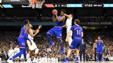 SAN ANTONIO, TX - MARCH 31: Udoka Azubuike #35 of the Kansas Jayhawks grabs a rebound against the Villanova Wildcats during the 2018 NCAA Men's Final Four semifinal game at the Alamodome on March 31, 2018 in San Antonio, Texas. (Photo by Jamie Schwaberow/NCAA Photos via Getty Images)
