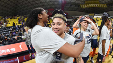 LOS ANGELES, CA - SEPTEMBER 22: Morgan Tuck #33 of the Connecticut Sun hugs Natisha Hiedeman #2 of the Connecticut Sun after advancing to the 2019 WNBA Finals after Game Three of the 2019 WNBA Semifinals on September 22, 2019 at the Walter Pyramid in Long Beach, California NOTE TO USER: User expressly acknowledges and agrees that, by downloading and or using this photograph, User is consenting to the terms and conditions of the Getty Images License Agreement. Mandatory Copyright Notice: Copyright 2019 NBAE (Photo by Andrew D. Bernstein/NBAE via Getty Images)