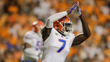 KNOXVILLE, TN - SEPTEMBER 22: Jeremiah Moon #7 of the Florida Gators celebrates a safety during the second quarter of the game between the Florida Gators and Tennessee Volunteers at Neyland Stadium on September 22, 2018 in Knoxville, Tennessee. (Photo by Donald Page/Getty Images)