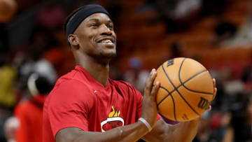 Jimmy Butler #22 of the Miami Heat smiles during warm-ups(Photo by Megan Briggs/Getty Images)