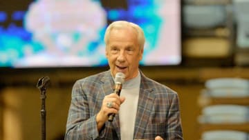 CHAPEL HILL, NC- APRIL 4: Head coach Roy Wililams of the North Carolina Tar Heels reads a text from basketball legend Michael Jordan during their welcome-home reception for the NCAA men's basketball team on April 4, 2017 in Chapel Hill, North Carolina. The Tar Heels defeated the Gonzaga Bulldogs 71-65 yesterday to win the national championship. (Photo by Sara D. Davis/Getty Images)