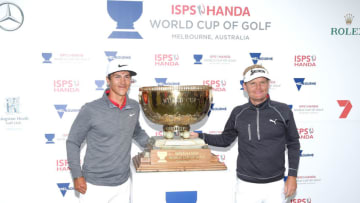 MELBOURNE, AUSTRALIA - NOVEMBER 27: Soren Kjeldsen and Thorbjorn Olesen of Denmark pose with the trophy after winning the tournament during day four of the World Cup of Golf at Kingston Heath Golf Club on November 27, 2016 in Melbourne, Australia. (Photo by Scott Barbour/Getty Images)