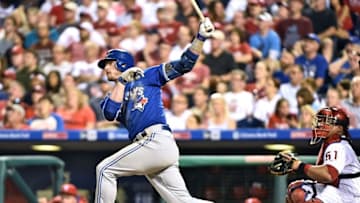 Jun 15, 2016; Philadelphia, PA, USA; Toronto Blue Jays third baseman Josh Donaldson (20) watches his home run during the eighth inning against the Philadelphia Phillies at Citizens Bank Park. The Blue Jays defeated the Phillies, 7-2. Mandatory Credit: Eric Hartline-USA TODAY Sports