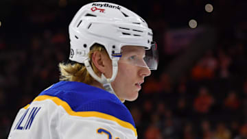 Apr 17, 2022; Philadelphia, Pennsylvania, USA; Buffalo Sabres defenseman Rasmus Dahlin (26) against the Philadelphia Flyers at Wells Fargo Center. Mandatory Credit: Eric Hartline-USA TODAY Sports