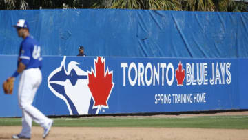 DUNEDIN, FL - FEBRUARY 27: General view of Toronto Blue Jays signage on the outfield wall during a Grapefruit League spring training game against the New York Yankees at Florida Auto Exchange Stadium on February 27, 2018 in Dunedin, Florida. The Yankees won 9-8. (Photo by Joe Robbins/Getty Images) *** Local Caption ***