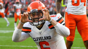 fantasy football quarterback: CLEVELAND, OH - AUGUST 8, 2019: Quarterback Baker Mayfield #6 of the Cleveland Browns celebrates after throwing a touchdown pass in the first quarter of a preseason game against the Washington Redskins on August 8, 2019 at FirstEnergy Stadium in Cleveland, Ohio. Cleveland won 30-10. (Photo by: 2019 Nick Cammett/Diamond Images via Getty Images)