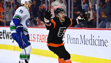 Oct 15, 2022; Philadelphia, Pennsylvania, USA; Philadelphia Flyers right wing Travis Konecny (11) celebrates after scoring a goal against the Vancouver Canucks in the third period at Wells Fargo Center. Mandatory Credit: Kyle Ross-USA TODAY Sports