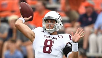 Sep 17, 2016; Auburn, AL, USA; Texas A&M Aggies quarterback Trevor Knight (8) looks to pass during warm-ups prior to the game against the Auburn Tigers at Jordan Hare Stadium. Mandatory Credit: Shanna Lockwood-USA TODAY Sports