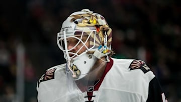 Dec 17, 2016; Saint Paul, MN, USA; Arizona Coyotes goalie Mike Smith (41) against the Minnesota Wild at Xcel Energy Center. The Wild defeated the Coyotes 4-1. Mandatory Credit: Brace Hemmelgarn-USA TODAY Sports