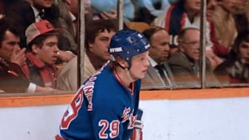 TORONTO, ON - FEBRUARY 29: Reijo Ruotsalainen #29 of the New York Rangers skates against the Toronto Maple Leafs during NHL game action on February 29, 1984 at Maple Leaf Gardens in Toronto, Ontario, Canada. (Photo by Graig Abel/Getty Images)