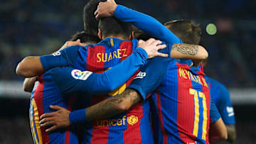 BARCELONA, SPAIN - MARCH 01: Luis Suarez of Barcelona celebrates with his teammates after scoring a goal during the La Liga match between FC Barcelona and Real Sporting de Gijon at Camp Nou Stadium on March 1, 2017 in Barcelona, Spain. (Photo by fotopress/Getty Images)