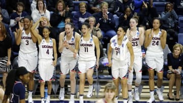 Mar 21, 2016; Storrs, CT, USA; The Connecticut Huskies bench reacts to a play as they take on the Duquesne Dukes during the second half in the second round of the 2016 women
