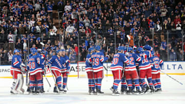 NEW YORK, NY - NOVEMBER 26: The New York Rangers celebrate after defeating the Vancouver Canucks in a shootout at Madison Square Garden on November 26, 2017 in New York City. (Photo by Jared Silber/NHLI via Getty Images)