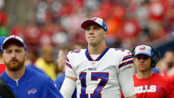 HOUSTON, TX - OCTOBER 14: Josh Allen #17 of the Buffalo Bills wears a cap on the sideline in the fourth quarter against the Houston Texans at NRG Stadium on October 14, 2018 in Houston, Texas. (Photo by Tim Warner/Getty Images)