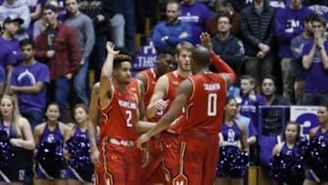 Jan 2, 2016; Evanston, IL, USA; Maryland Terrapins guard Melo Trimble (2)celebrates with teammates after scoring against the Northwestern Wildcats during the second half at Welsh-Ryan Arena. The Maryland Terrapins won 72-59. Mandatory Credit: Kamil Krzaczynski-USA TODAY Sports