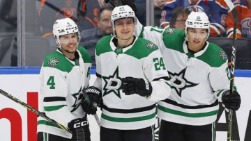 Nov 2, 2023; Edmonton, Alberta, CAN; The Dallas Stars celebrate a goal by forward Roope Hintz (24) during the second period against the Edmonton Oilers at Rogers Place. Mandatory Credit: Perry Nelson-USA TODAY Sports