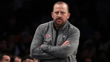 NEW YORK, NEW YORK - NOVEMBER 09: Tom Thibodeau Head coach of the New York Knicks looks on against the Brooklyn Nets during their game at Barclays Center on November 09, 2022 in New York City. User expressly acknowledges and agrees that, by downloading and or using this photograph, User is consenting to the terms and conditions of the Getty Images License Agreement. (Photo by Al Bello/Getty Images)