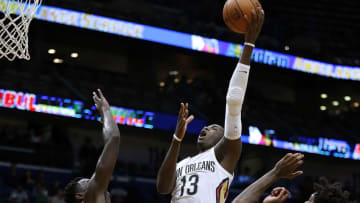 NEW ORLEANS, LA - NOVEMBER 15: Cheick Diallo #13 of the New Orleans Pelicans shoots over Lucas Nogueira #92 of the Toronto Raptors during the first half of a game at the Smoothie King Center on November 15, 2017 in New Orleans, Louisiana. NOTE TO USER: User expressly acknowledges and agrees that, by downloading and or using this Photograph, user is consenting to the terms and conditions of the Getty Images License Agreement. (Photo by Jonathan Bachman/Getty Images)