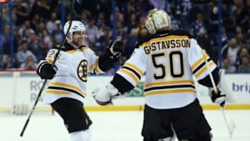 Mar 8, 2016; Tampa, FL, USA; Boston Bruins defenseman John-Michael Liles (26) is congratulated by goalie Jonas Gustavsson (50) as they beat the Tampa Bay Lightning at Amalie Arena. Mandatory Credit: Kim Klement-USA TODAY Sports