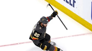 Chandler Stephenson #20 of the Vegas Golden Knights celebrates after scoring a goal against the Dallas Stars. (Photo by Bruce Bennett/Getty Images)