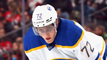 NEWARK, NEW JERSEY - APRIL 11: Tage Thompson #72 of the Buffalo Sabres against the New Jersey Devils at the Prudential Center on April 11, 2023 in Newark, New Jersey. (Photo by Bruce Bennett/Getty Images)