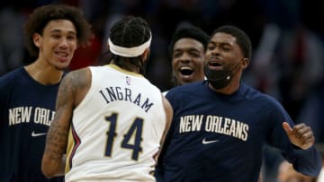 New Orleans Pelicans forward Brandon Ingram (14) celebrates his game winning shot against the Minnesota Timberwolves. Mandatory Credit: Chuck Cook-USA TODAY Sports