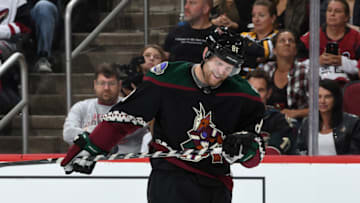 GLENDALE, ARIZONA - OCTOBER 05: Phil Kessel #81 of the Arizona Coyotes reacts after having his shot blocked during a game against the Boston Bruins at Gila River Arena on October 05, 2019 in Glendale, Arizona. (Photo by Norm Hall/NHLI via Getty Images)